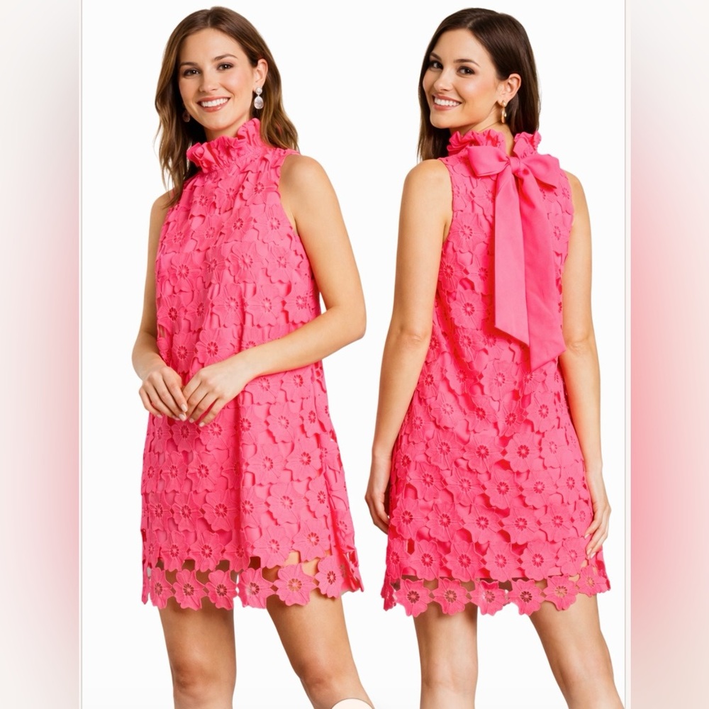 NWT. Umgee. Romantic Hot Pink Floral Lace Mini Dress with Statement Bow. Size L.
